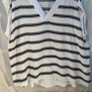 White Blouse Navy Blue Striped V-Neck Shirt